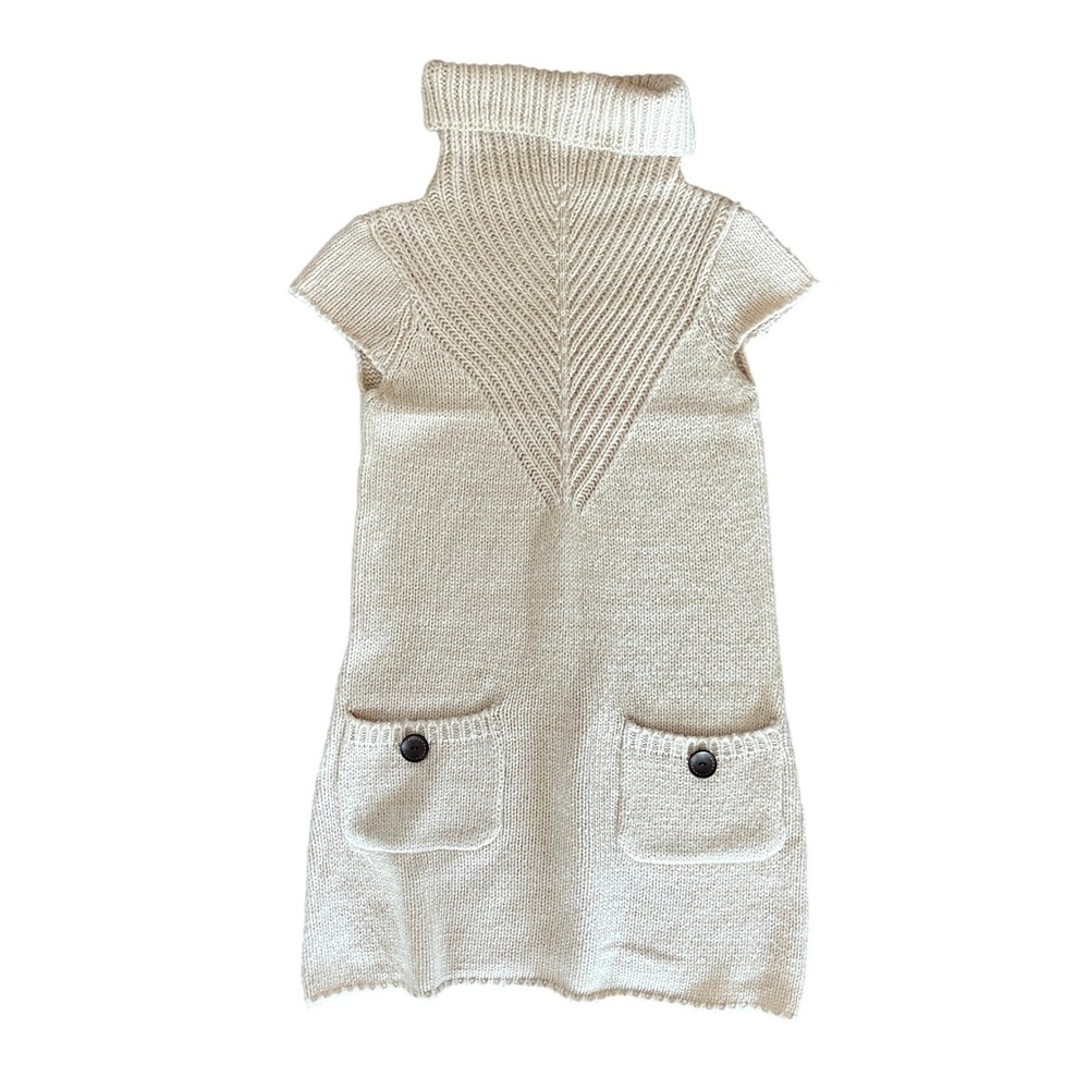 Cream Knit Turtleneck Sweater Dress Sleeveless Chevron Yoke Pocket Tunic Mini